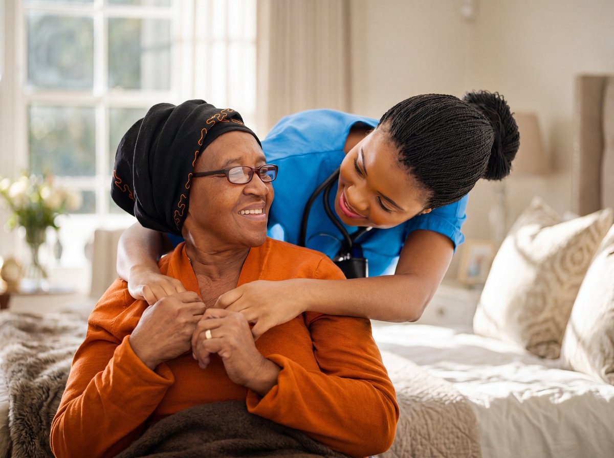 A home-care nurse tenderly embracing a smiling older woman in a bright bedroom