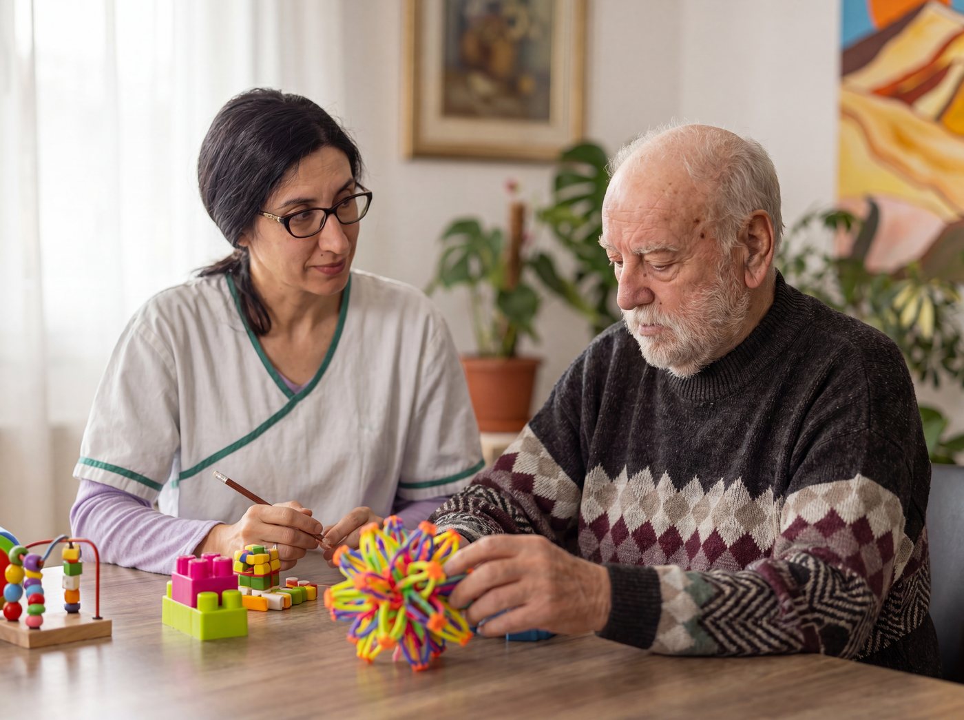 A caregiver guiding an older man through a hands-on cognitive activity at home