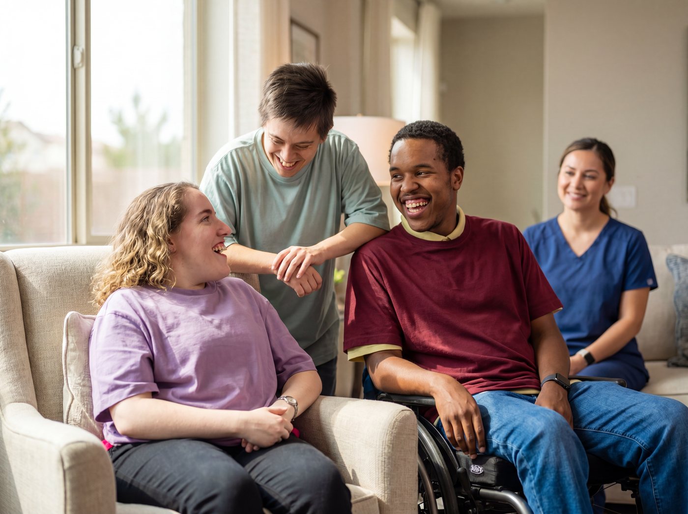 Young adults with disabilities laughing together with a caregiver in a comfortable home