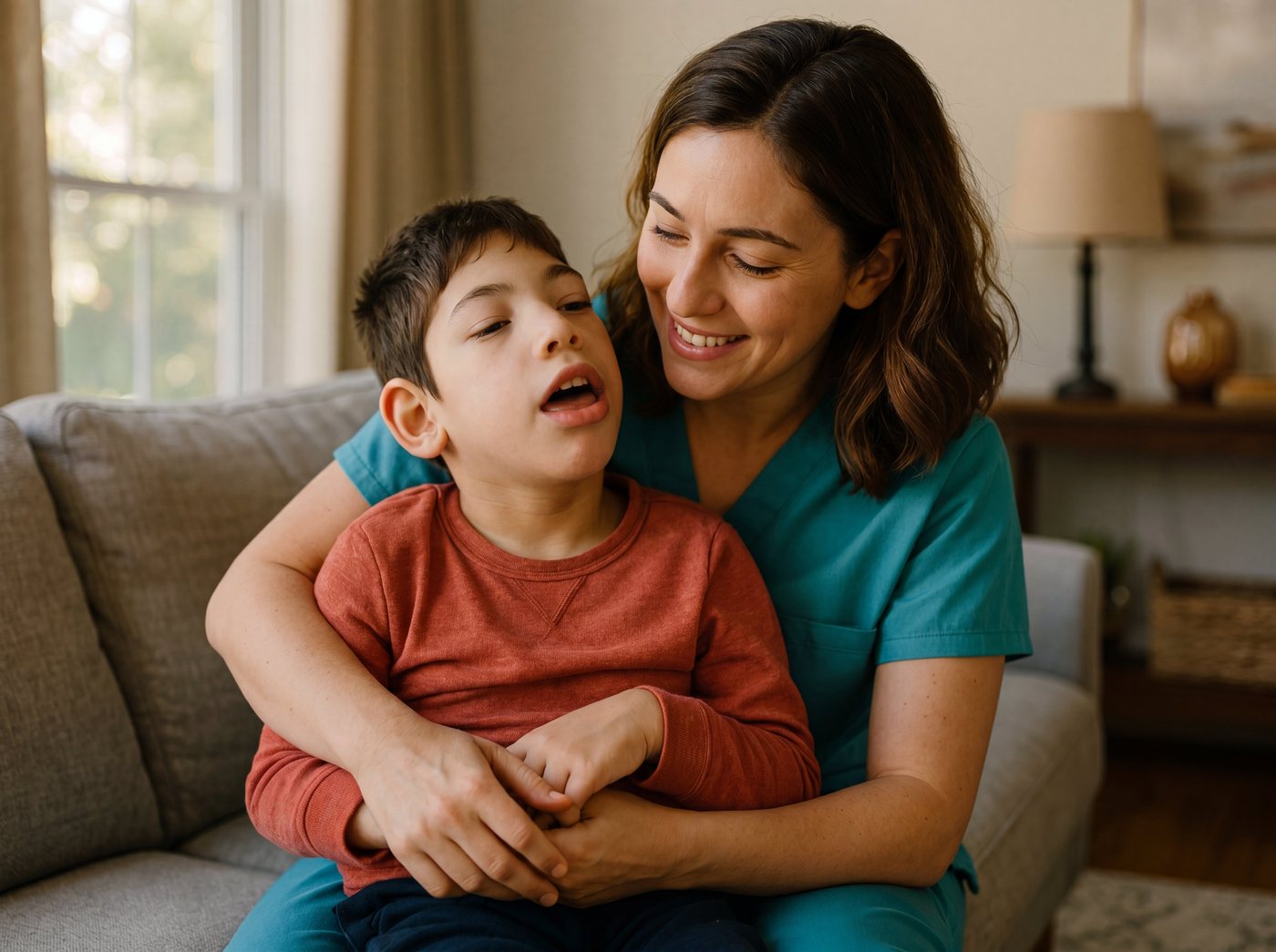 A caregiver tenderly holding a child with special needs at home