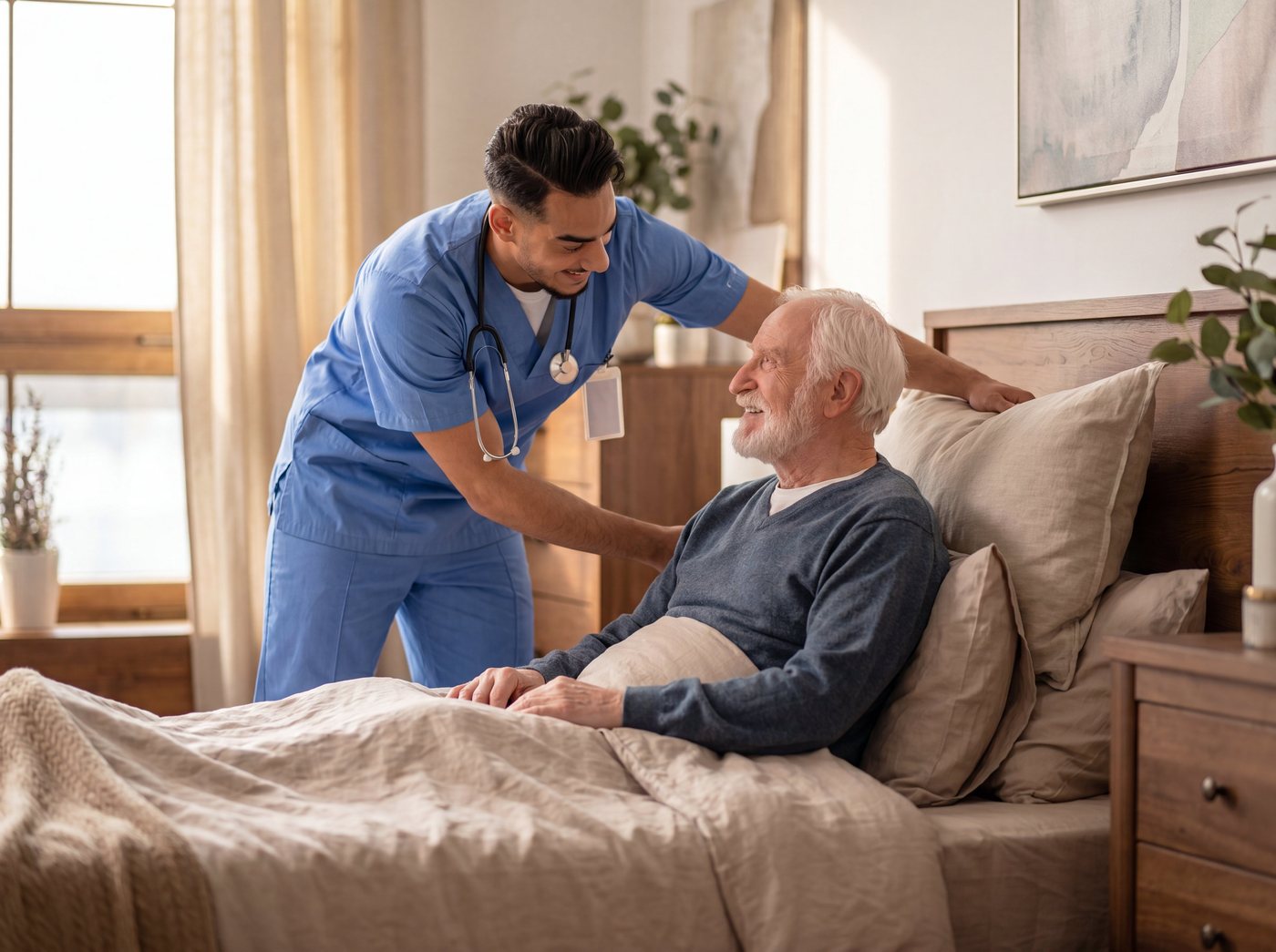 A home-care nurse helping an older man sit comfortably in his own bedroom