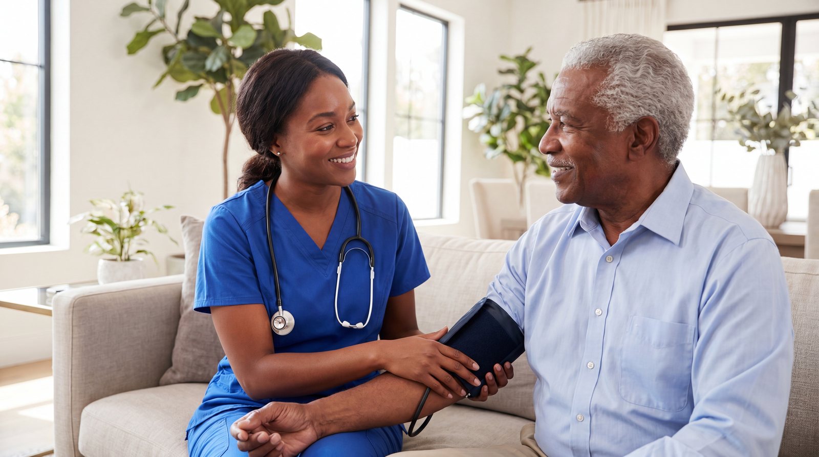 A nurse attentively checking an older patient's blood pressure in a warm home setting